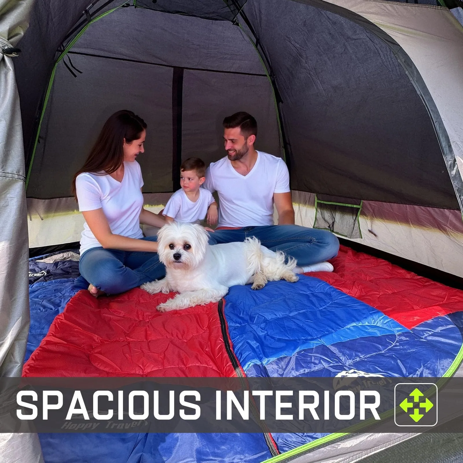 A family relaxing with their dog on sleeping bags inside a spacious Happy Travel camping tent