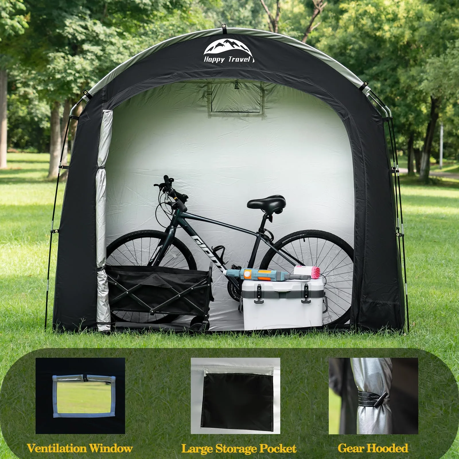 A black Happy Travel bike storage shed in a park with a bicycle and cooler inside, plus close-ups of its vent, pocket and hood