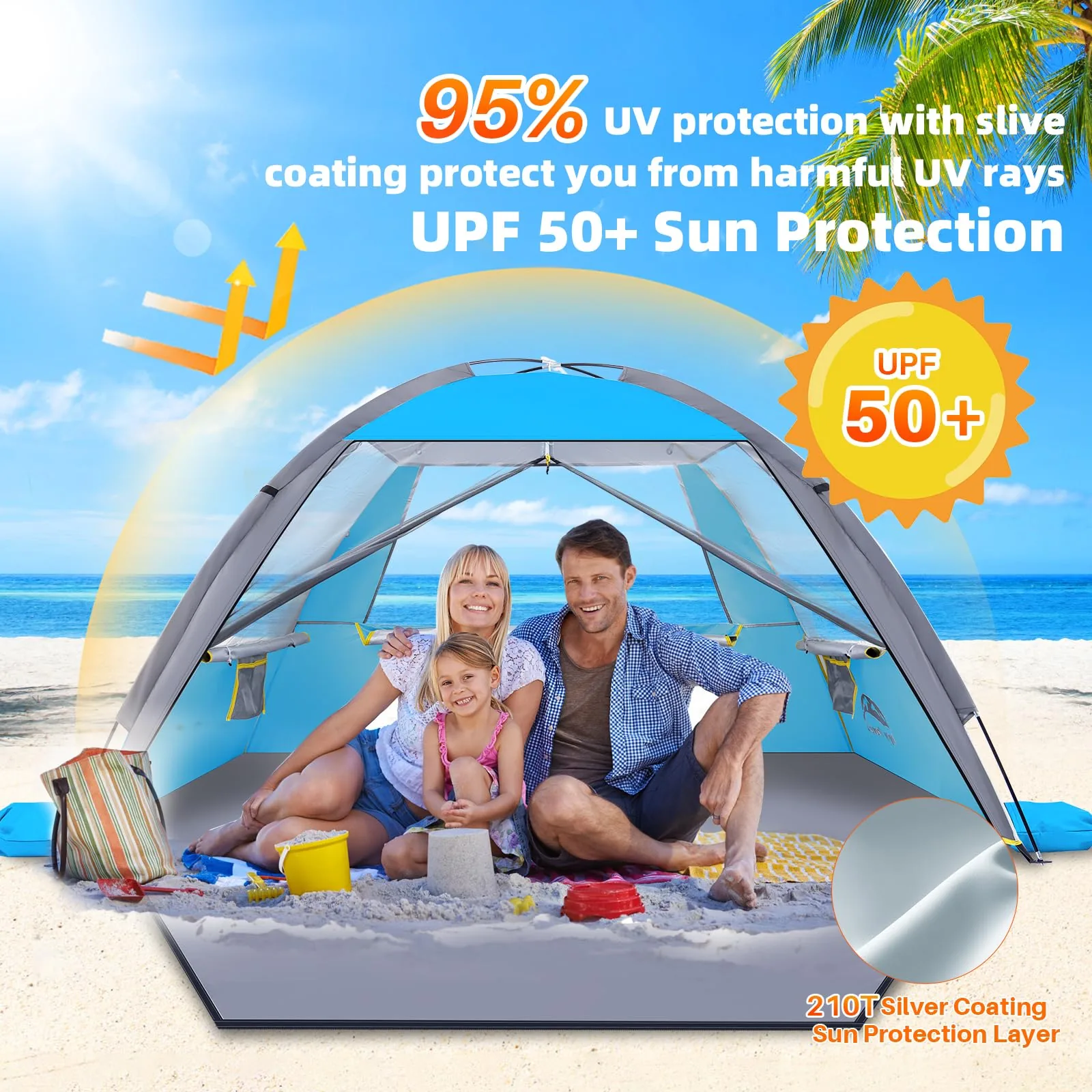A family sitting in the shade of a Happy Travel UPF 50+ beach tent on the sand