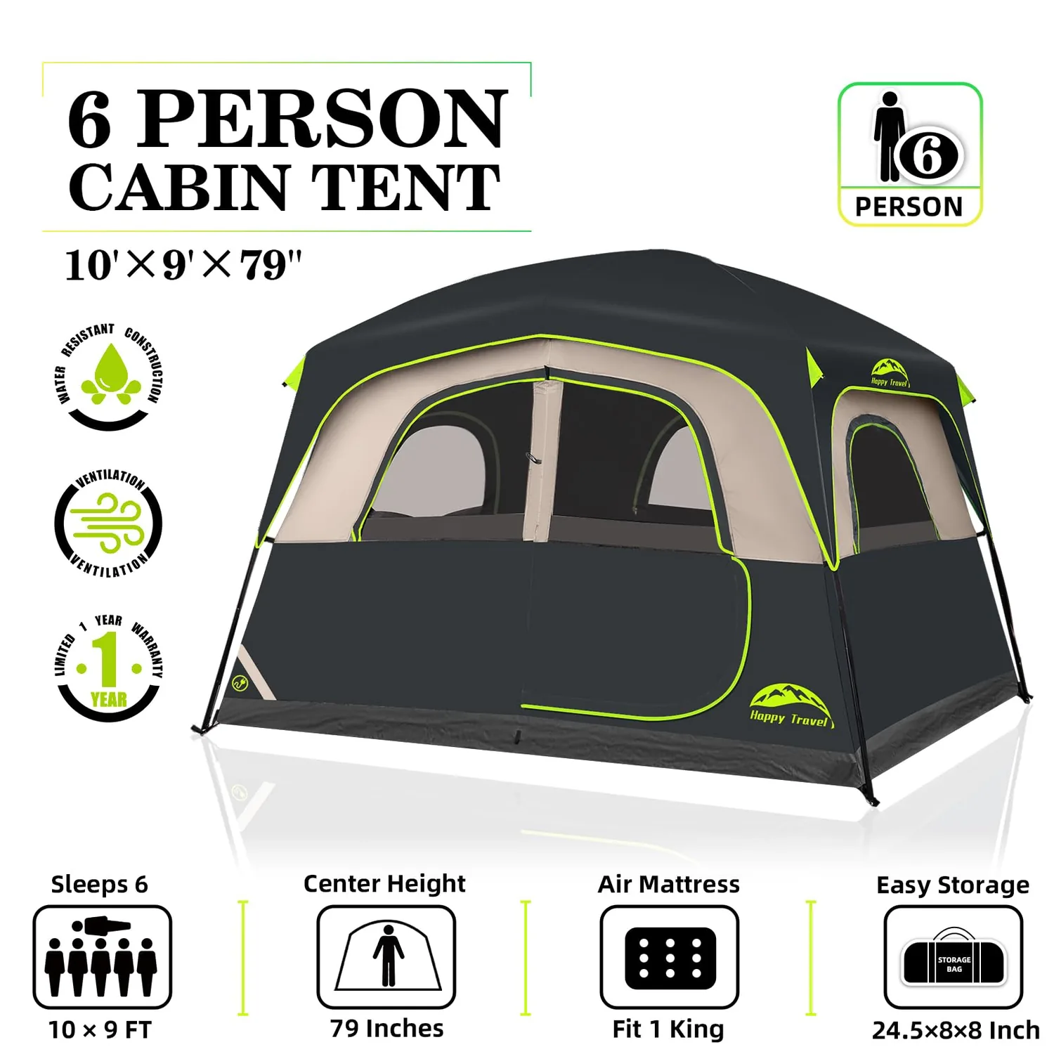 Camping Tent, 6 Person Blackout Tents for Camping with Rainfly