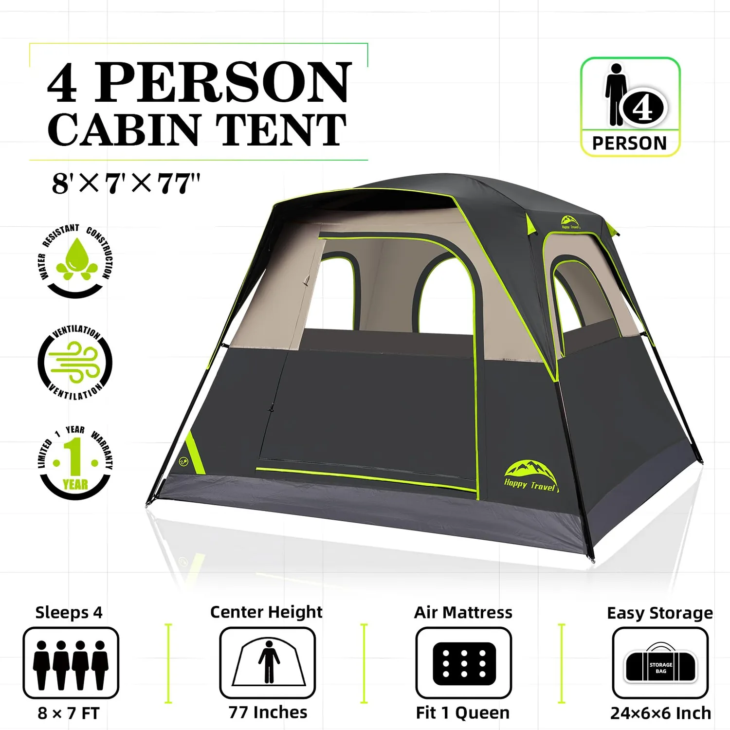 Tent 4 Person Tents for Camping, Tall Cabin Tent with Rainfly